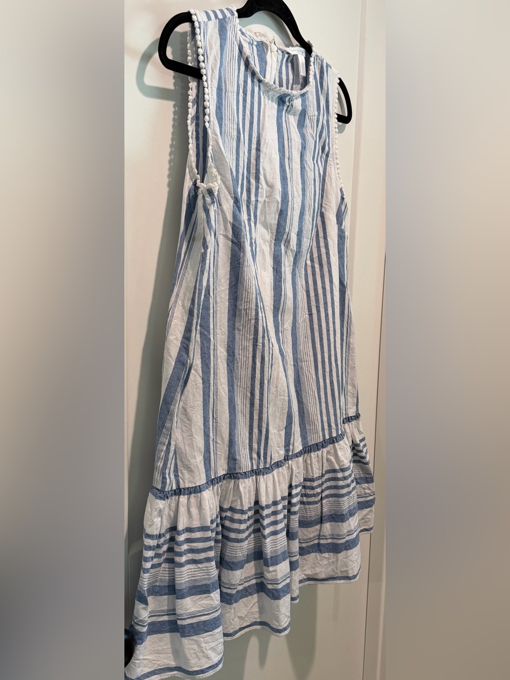 London Times Blue White Striped Cotton Mini Dress Pom Pom Coastal Size 10 - Picture 4 of 7